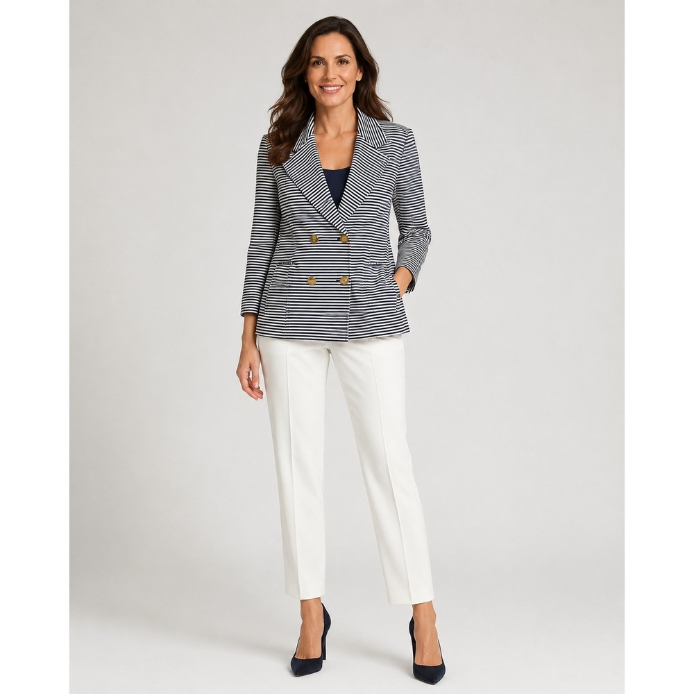Cabi Double Breasted Blazer Womens Small White Blue Nautical Striped